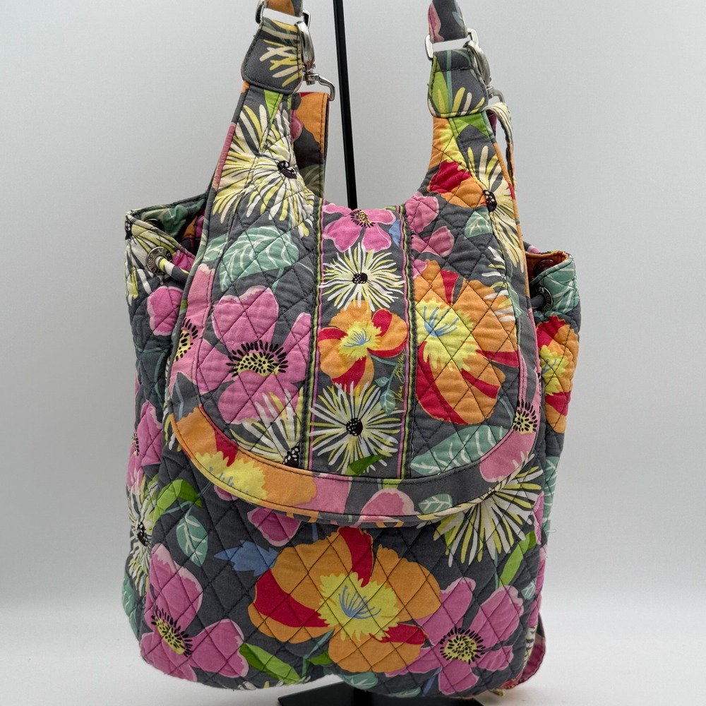 Vera Bradley Floral Quilted Cotton Convertible Backpack Shoulder Bag Grey Multi